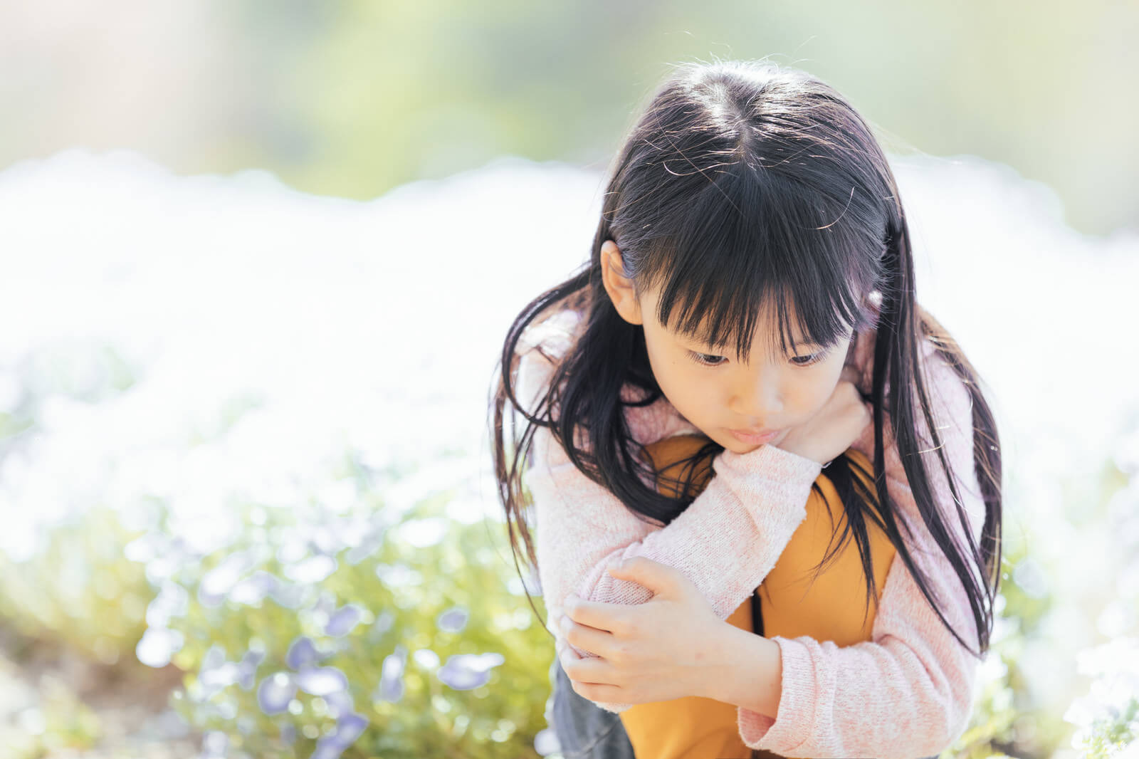 女の子がお花畑でうつむいて座っている写真