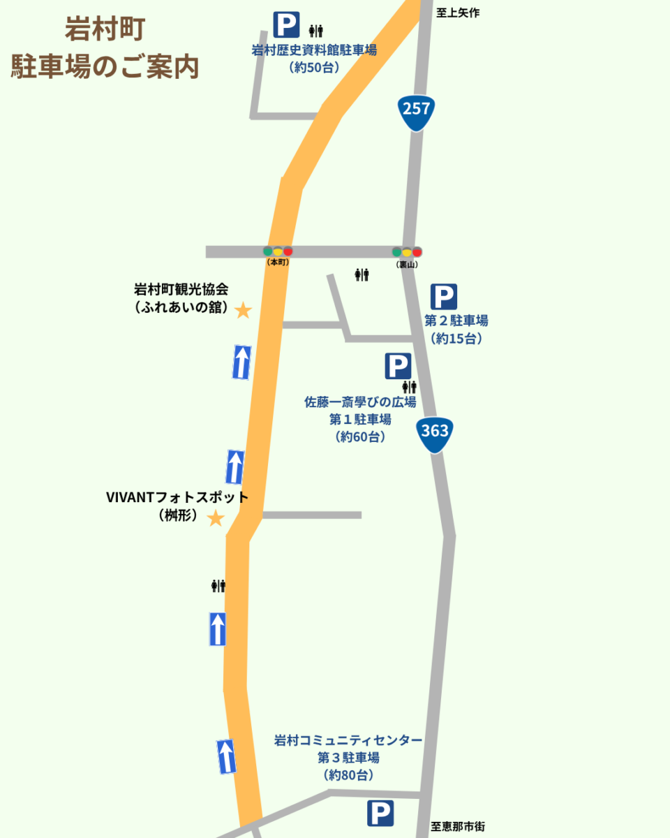 VIVANTの岐阜ロケ地の岩村町の駐車場の案内図。城下町の通りに沿って駐車場と一方通行の向きが描かれている