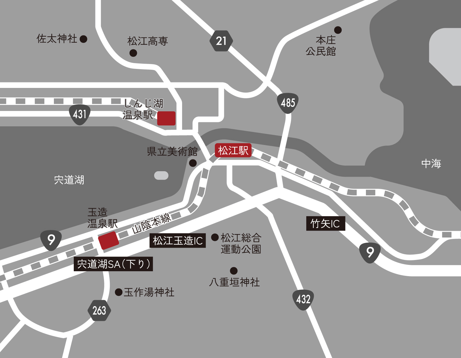 VIVANTの島根ロケ地マップの左に宍道湖、右に中海の文字があり、中央に赤い札の松江駅、下の方に松江玉造ICと宍道湖SA（下り）の札がある地図