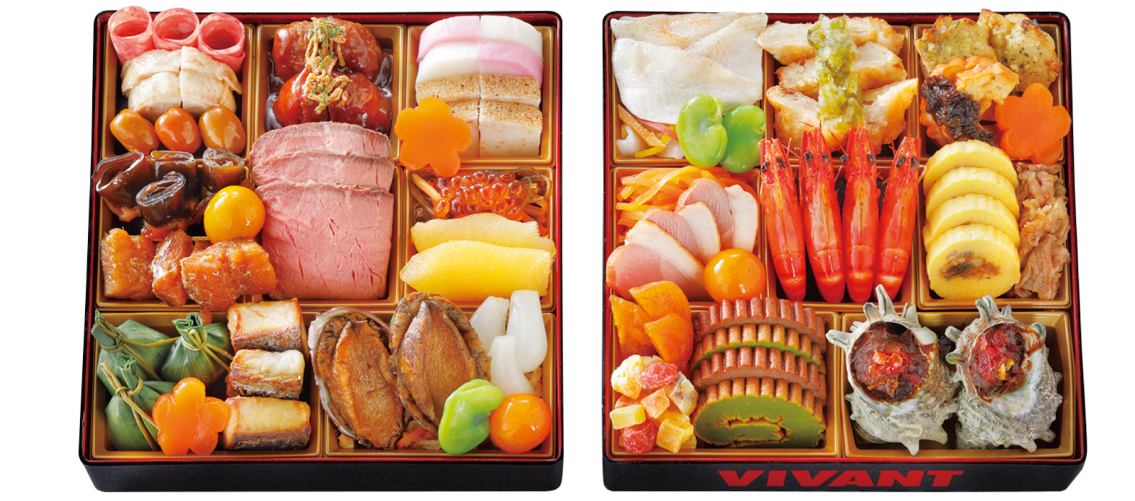 VIVANT乃木家のおせちの左右に並んだ2つのお重。右のお重の中央に海老が4尾並び、手前の縁にVIVANTの文字