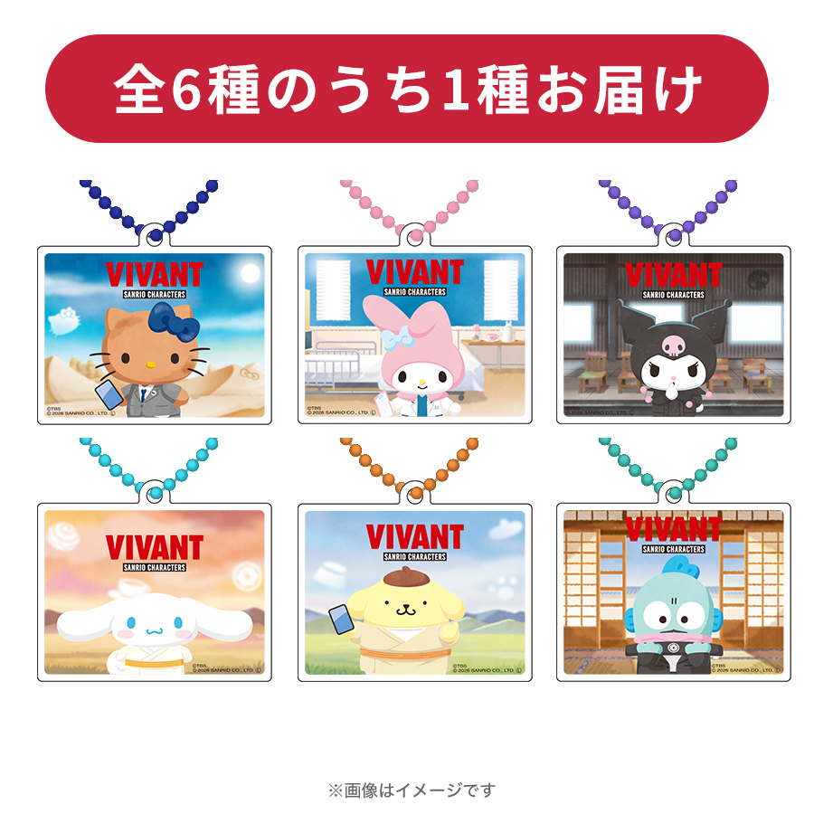VIVANTとサンリオの「全6種のうち1種お届け」の文字と、背景の違う6種の重なるアクリルキーホルダー