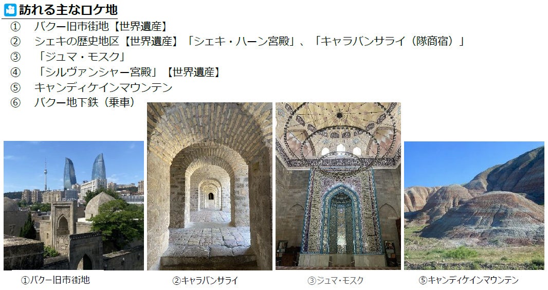 VIVANTツアーの「訪れる主なロケ地」の6つの一覧と、バクー旧市街地・キャラバンサライ・ジュマ・モスク・キャンディケインマウンテンの4枚の写真