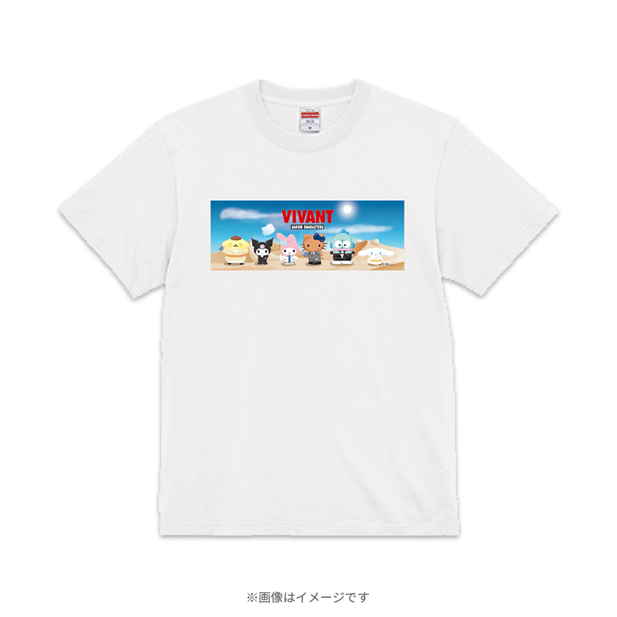 VIVANTのTシャツの胸に「VIVANT」の文字と6体のキャラクターが並ぶ白いTシャツ